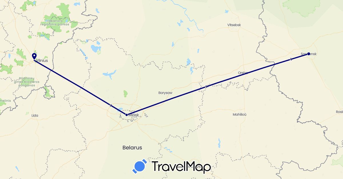 TravelMap itinerary: driving in Belarus, Lithuania, Russia (Europe)